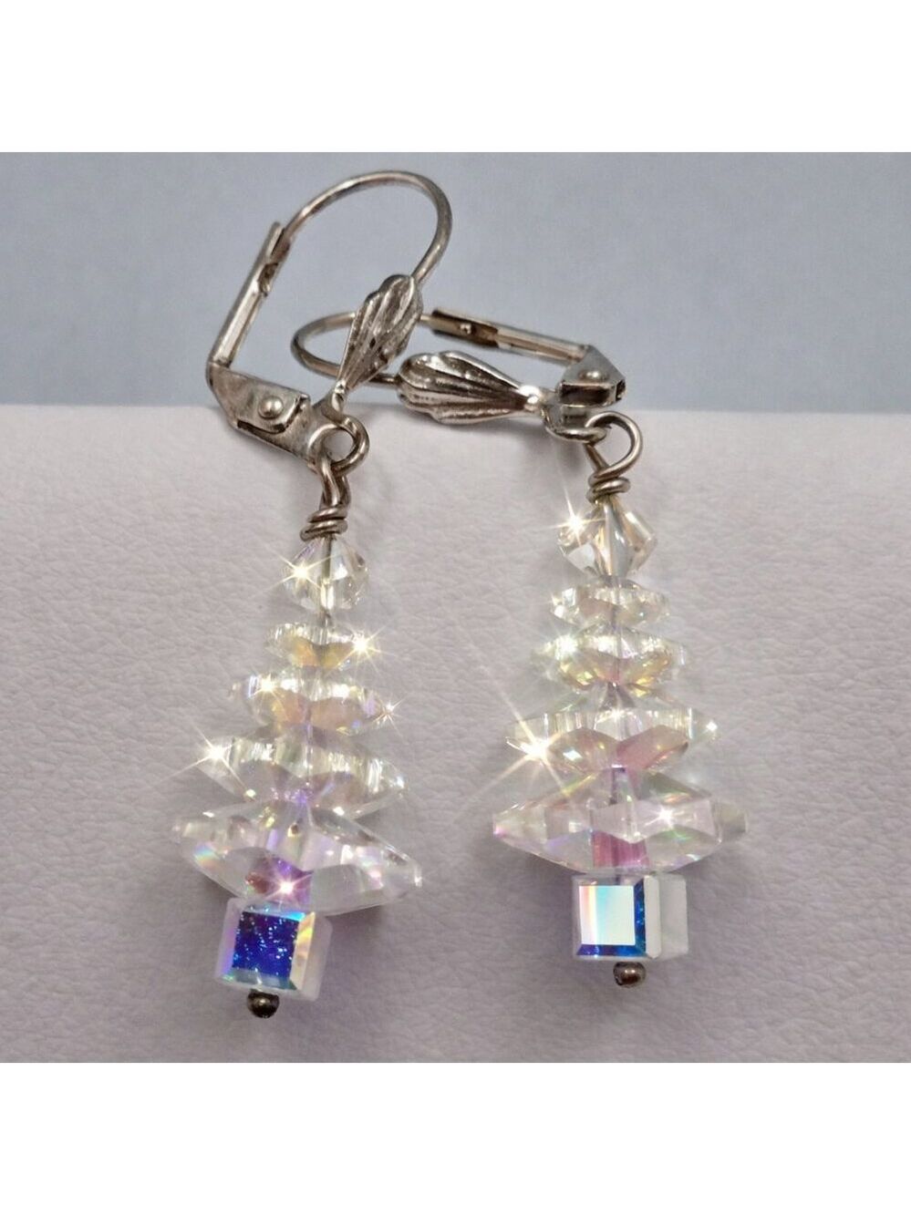 Swarovski Style Crystal Christmas Tree Dangle Earrings Silver-Tone Leverback